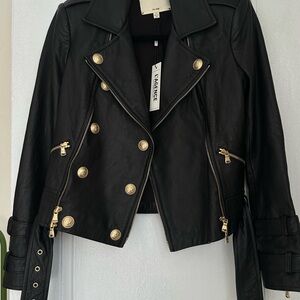 L'AGENCE Black Leather Jacket with Gold Accents